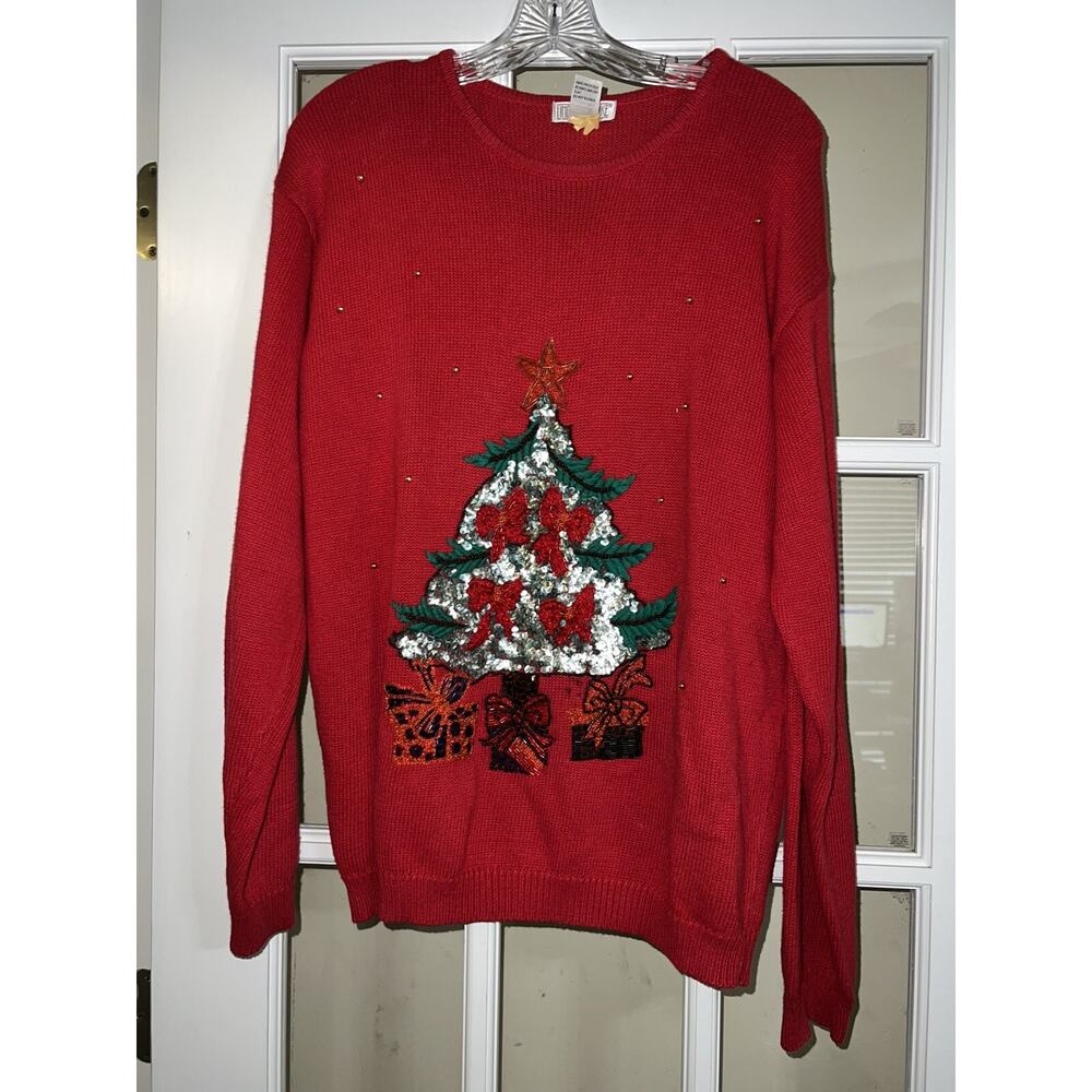Lindsey Blake womens red sequined holiday christmas tree sweater XL Vtg unique